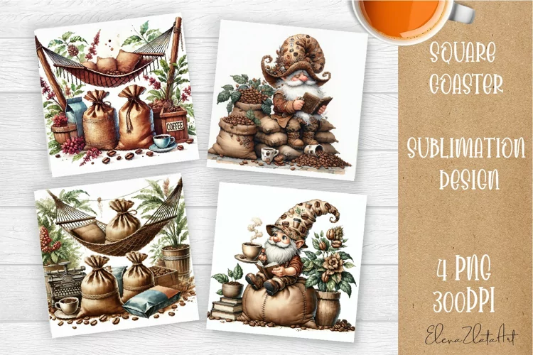 Coffee gnome | 4 square coaster sublimation designs