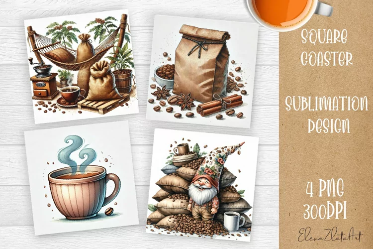 Coffee gnome | 4 square coaster sublimation designs