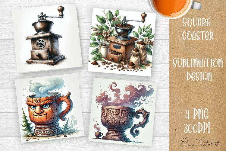 Coffee gnome | 4 square coaster sublimation designs