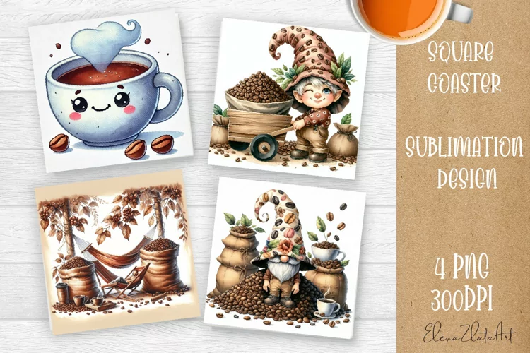Coffee gnome | 4 square coaster sublimation designs