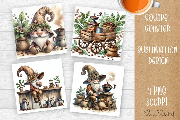 Coffee gnome | 4 square coaster sublimation designs