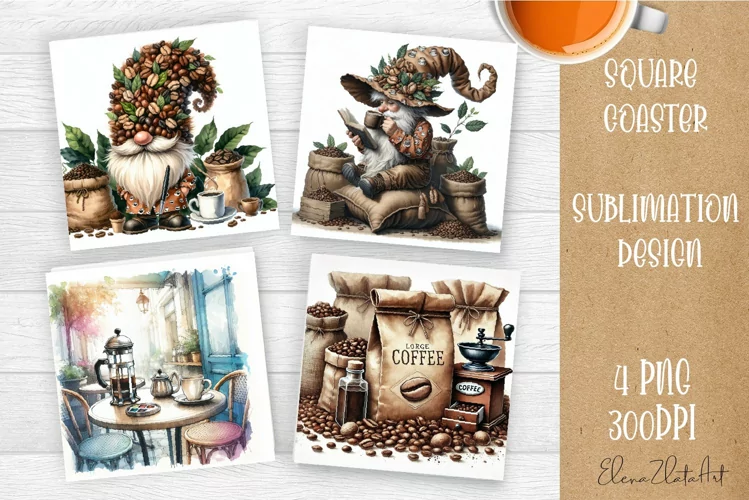Coffee gnome | 4 square coaster sublimation designs