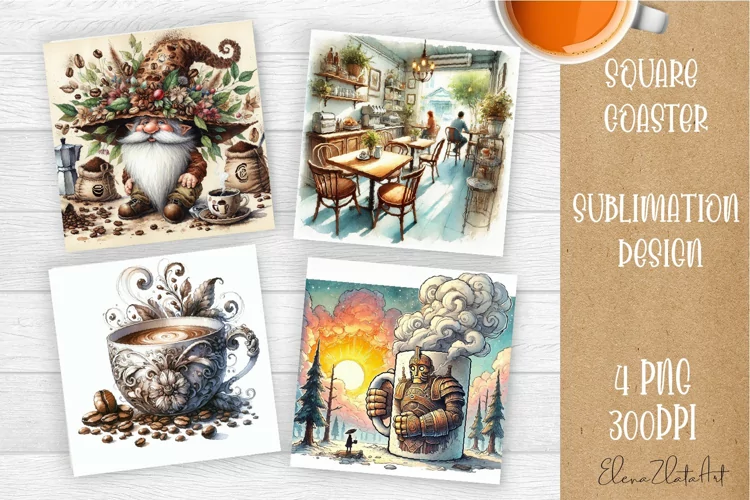 Coffee gnome | 4 square coaster sublimation designs