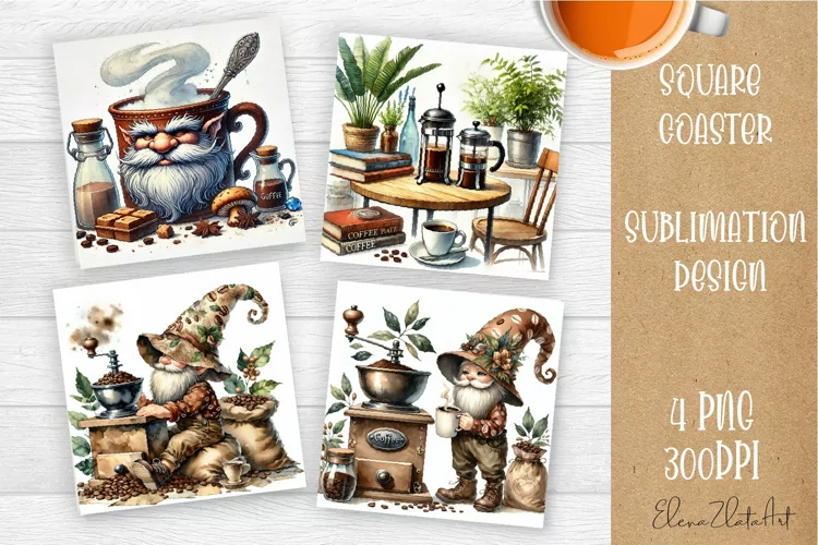 Coffee gnome | 4 square coaster sublimation designs