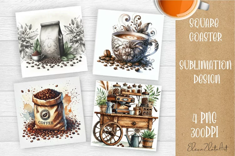 Coffee gnome | 4 square coaster sublimation designs