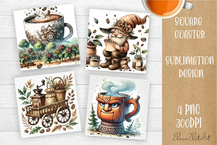 Coffee gnome | 4 square coaster sublimation designs