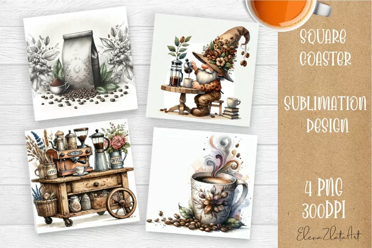 Coffee gnome | 4 square coaster sublimation designs