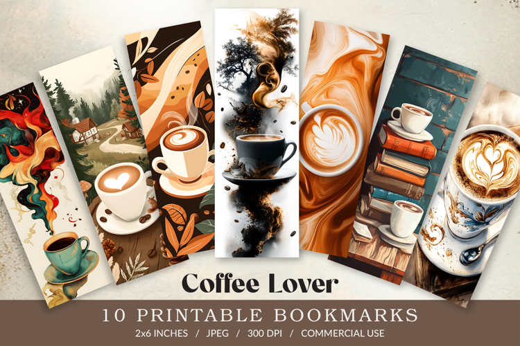 10 x Watercolor Coffee Bookmark Printable for Book Lover