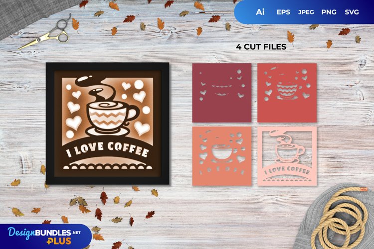 3D Shadowbox Hot Coffee with I Love Coffee Text Papercut