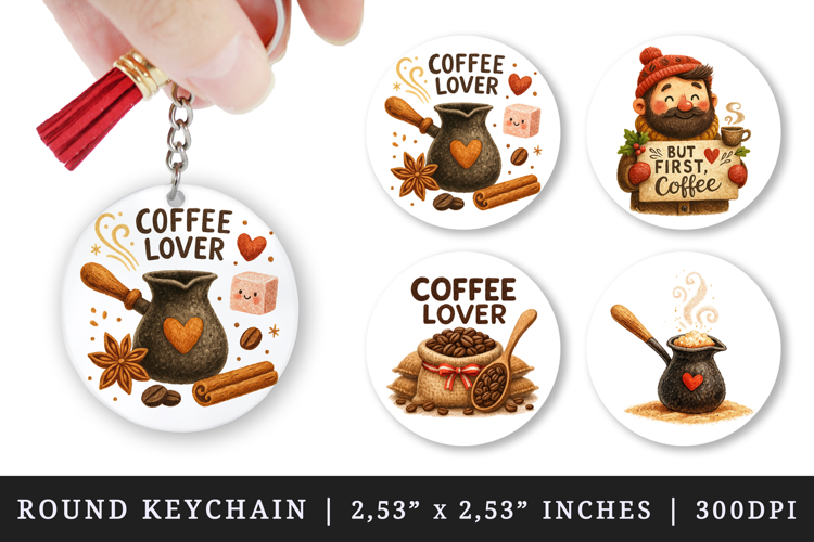Coffee Lover round keychain pintable sublimation design png