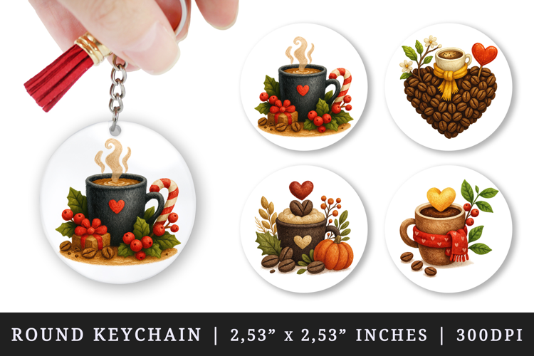 Coffee Lover round keychain pintable sublimation design png
