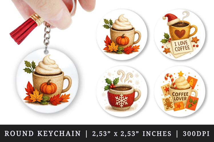 Coffee Lover round keychain pintable sublimation design png