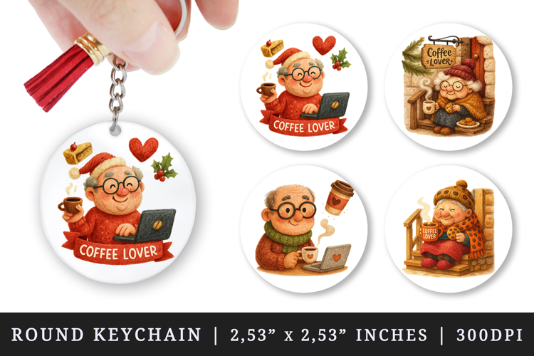 Coffee Lover round keychain pintable sublimation design png