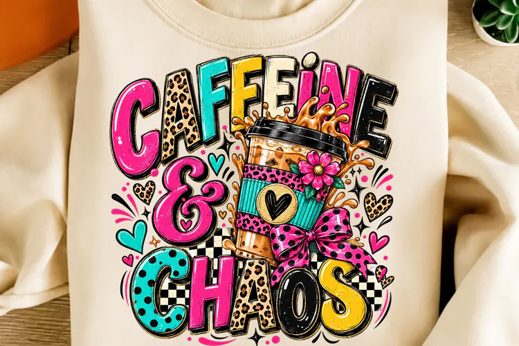 Caffeine & Chaos PNG | Leopard Coffee Cup Retro Sublimation