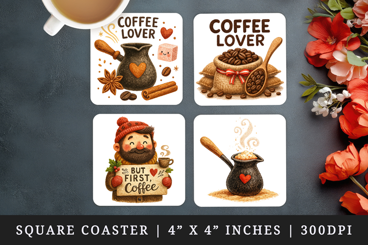 Coffee Lover square coaster sublimation, coasters design