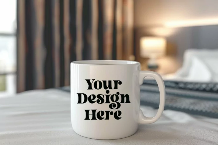 Coffee Mug Mockup Placed On A Bed Room