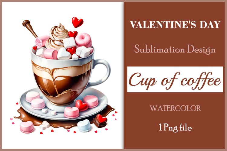 Watercolor clipart valentines day coffee mug or chocolate with hearts  on clear background. Romantic and flavorful illustration. High resolution and perfect quality for printing and sublimation.