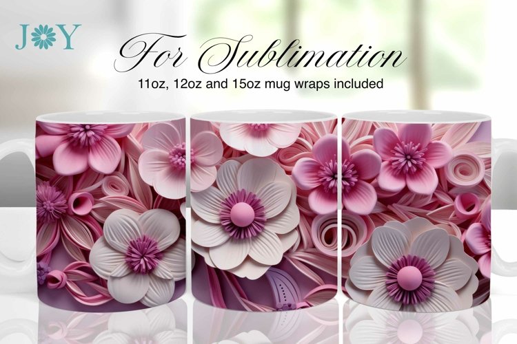 3D PINK FLOWERS SUBLIMATION MUG WRAP DESIGN, COFFEE MUG WRAP example image 1