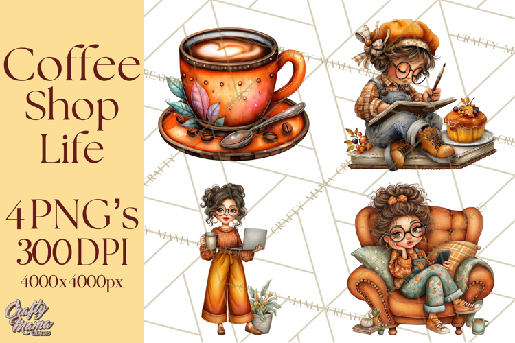 Coffee Shop Clip Art, Cafe Life, People Art PNG Graphics