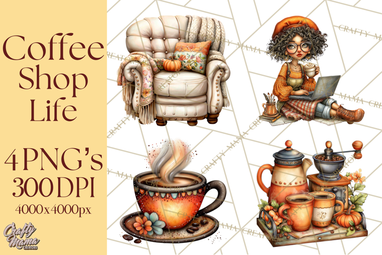 Coffee Shop Clip Art, Cafe Life, People Art PNG Graphics