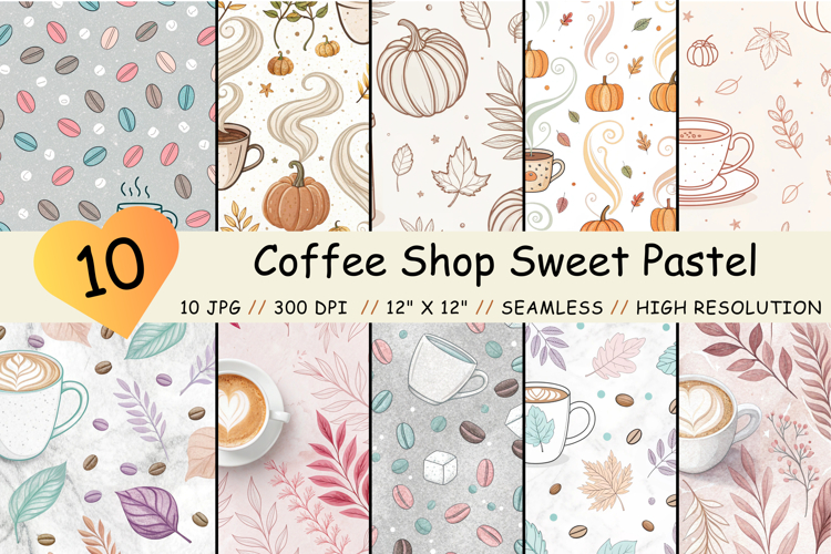 Coffee Shop Sweet Pastel Seamless Pattern, Digital Paper