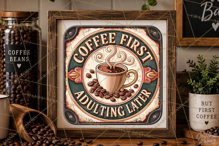 Adulting Later | Rustic Coffee Signs Vintage Retro PNG example image 1