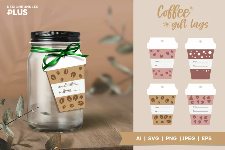 Paper Cup with Coffee Beans Cute Illustration Gift Tag