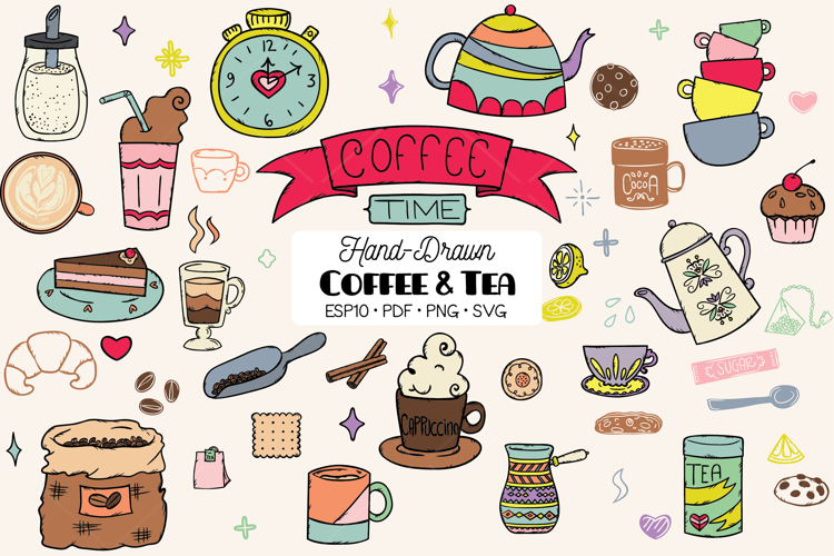 Coffee & Tea | Color Doodles, Cookies, Espresso Machine, Cup
