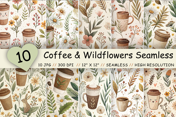 Coffee & Wildflowers Seamless Pattern, Cozy Floral Coffee