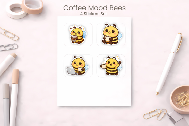 Coffee Mood Bees Stickers printable | 4 Stickers PNG Design