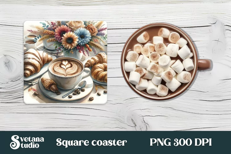 Coffee square coaster sublimation | Hot coffee coaster PNG