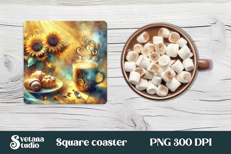 Hot coffee flower square coaster sublimation PNG