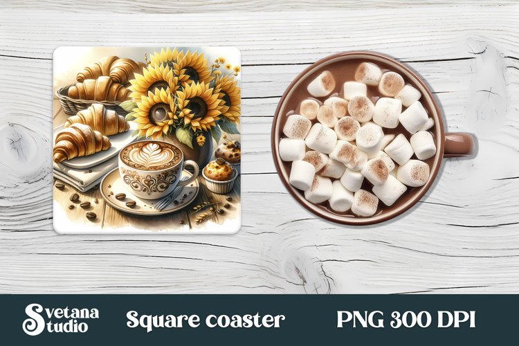 Hot coffee sunflower square coaster sublimation PNG