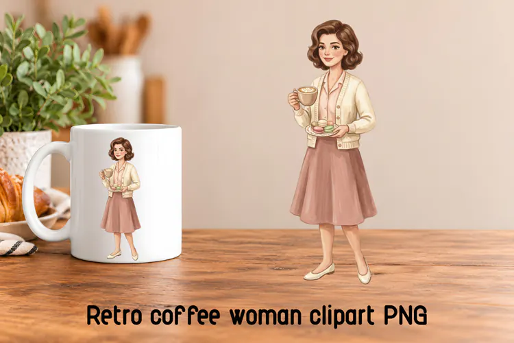 Retro Coffee Woman Macarons Clipart PNG