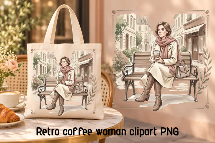 Retro Coffee Woman City Clipart PNG