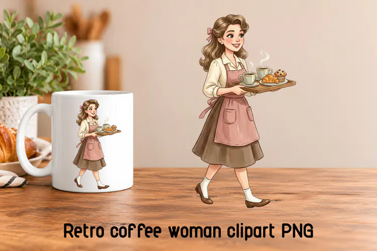 Retro Coffee Waitress Clipart PNG