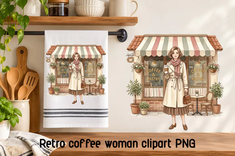 Retro Cafe Woman Coffee Shop Clipart PNG