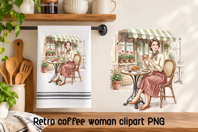 Retro Cafe Woman Coffee Clipart PNG
