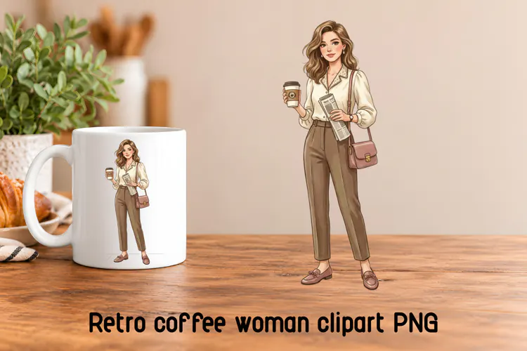 Retro Coffee Woman Newspaper Clipart PNG