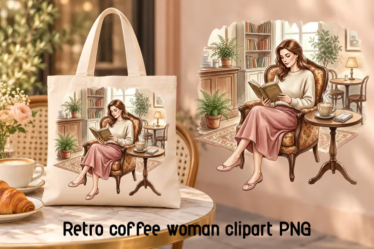 Retro Reading Woman Coffee Clipart PNG
