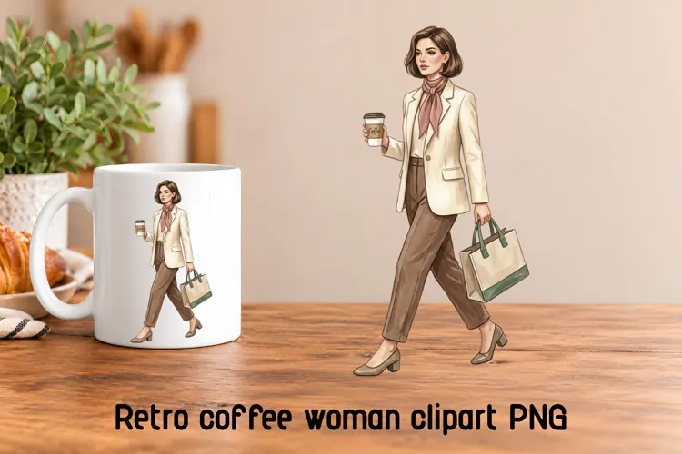 Retro Coffee Shopping Woman Clipart PNG