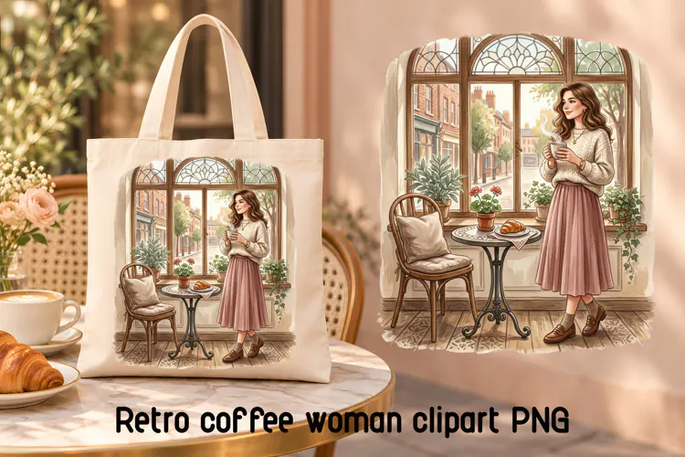 Retro Coffee Woman Window Clipart PNG