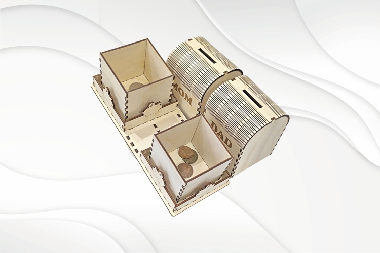 Piggy bank coin box, laser cutting, Mom Dad competition