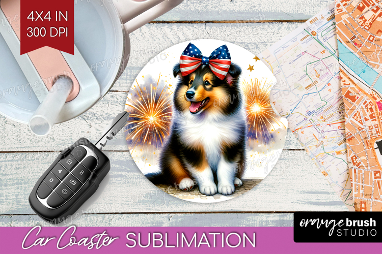 Collie Dog Car Coaster Patriotic Dog Coaster PNG Sublimation example image 1