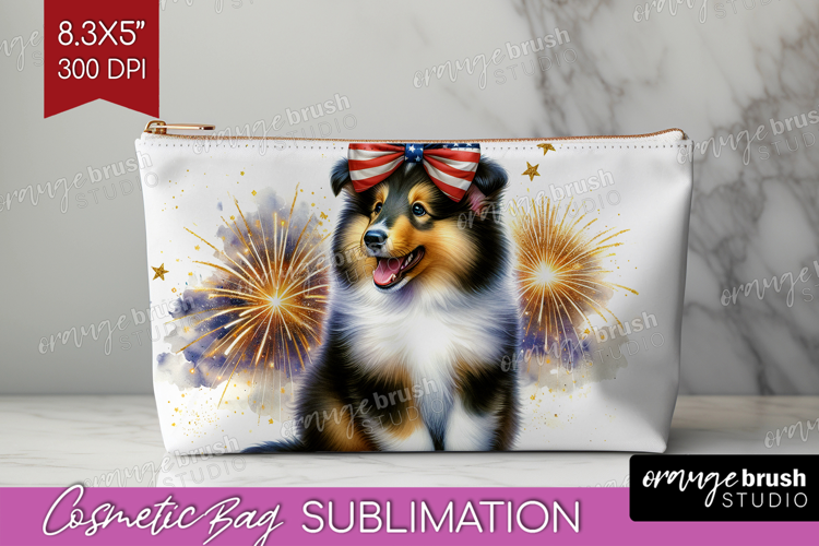 Collie Dog Cosmetic Bag Patriotic Dog Makeup Bag PNG