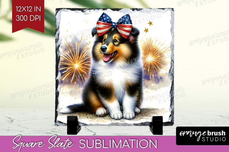Collie Dog Slate PNG Patriotic Dog Square Slate Sublimation