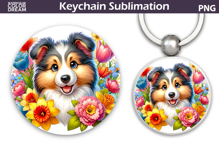 Collie Round Keychain | Dog Floral Key Keychain