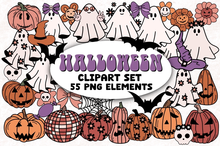 Halloween Retro Groovy PNG Clipart Set Ghosts Pumpkins