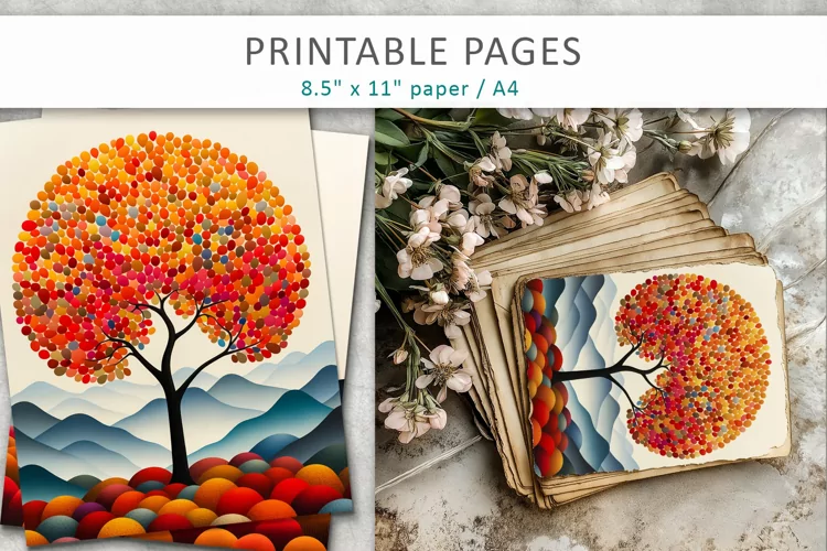 Artistic tree journal pages, Tree-themed scrapbook paper