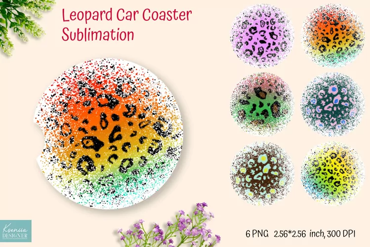 Colorful Leopard Car Coaster Sublimation. Animal Print Ideas